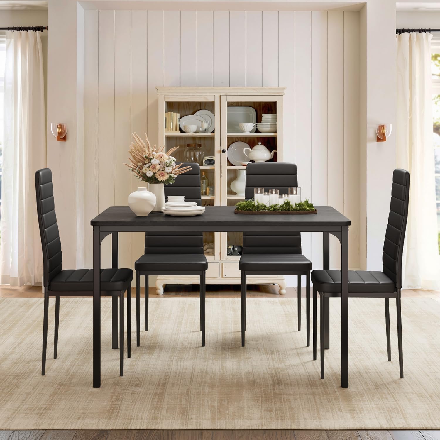 Gizoon Dining Table Set for 4, Kitchen Table Chairs Set of 4, 5 Piece Kitchen Table Set with 4 Upholstered PU Leather Chairs for Dining Room, Living Room, Apartment, Small Space, Black