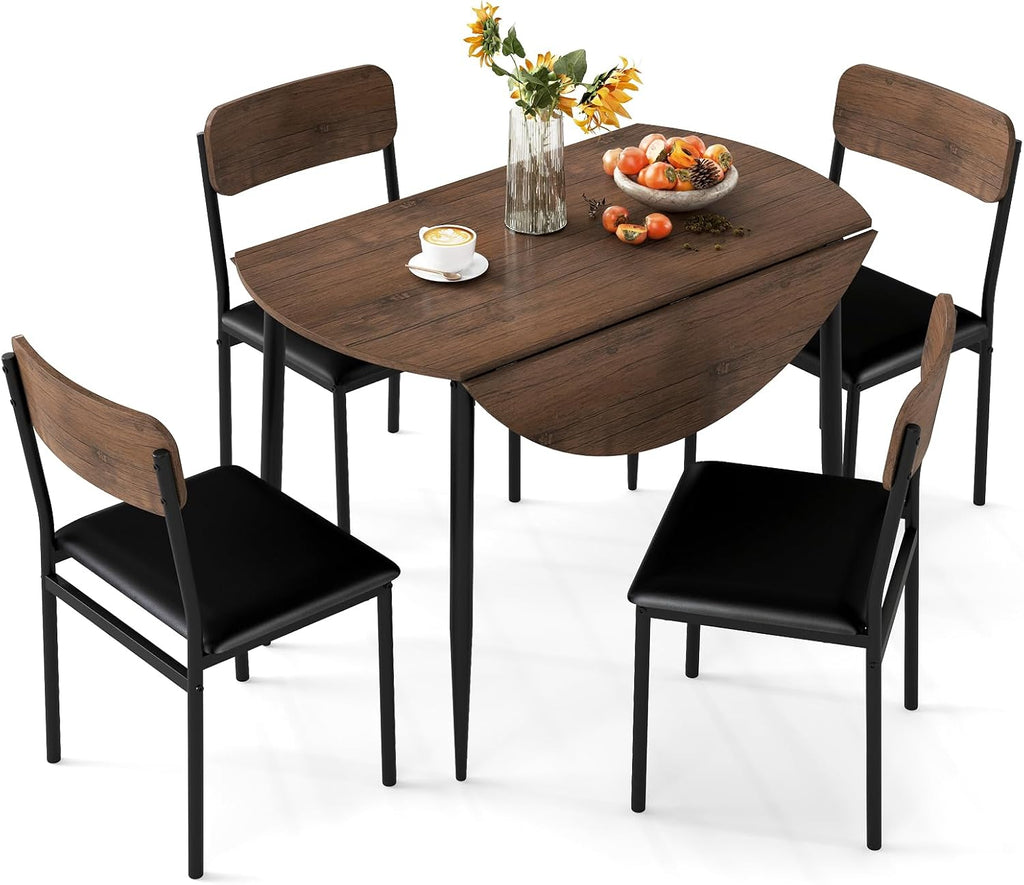 Giantex 5-Piece Dining Table Set for 4, 43.5' Round Kitchen Table and 4 Upholstered Dining Chairs with Drop Leaf Tabletop, Sturdy Metal Frame, Space Saving Farmhouse Dinette Set for Dinette Dinner