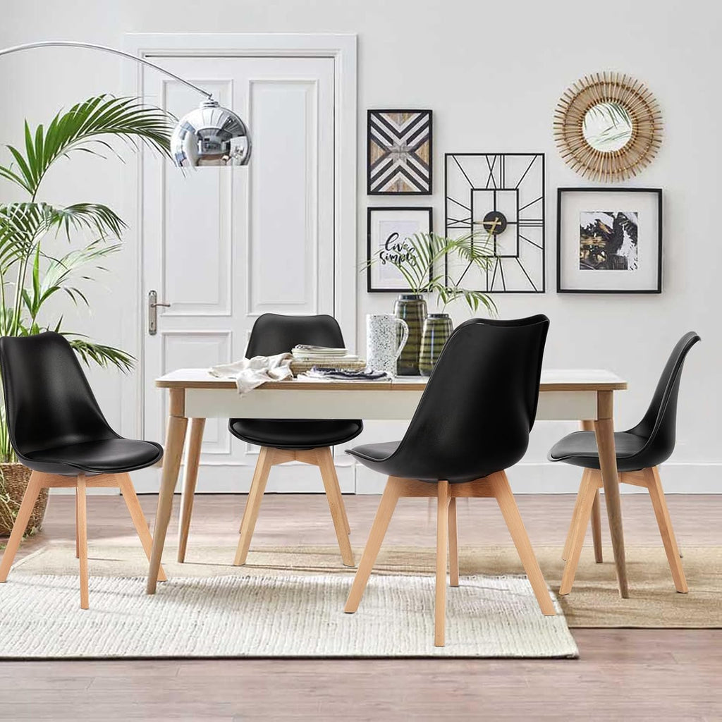 OLIXIS Set of 4 Dining Kitchen Mid-Century Modern Chairs with Wood Legs and PU Leather Cushion, Upholstered Seating for Living Room Bedroom Outdoor Lounge, Black