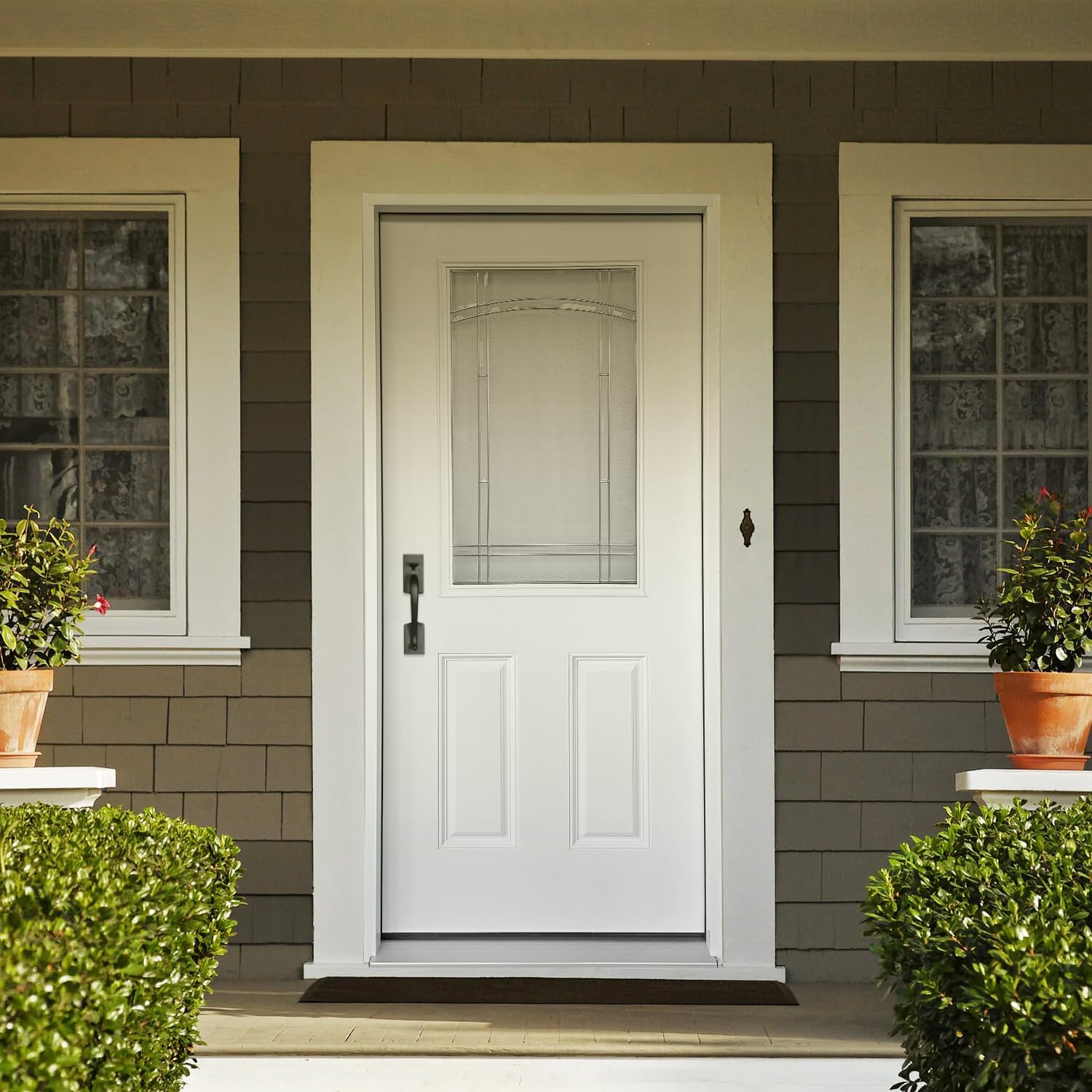Durable 36 in. x 80 in. Composite Fiberglass Entry Door – 1/2 Lite 2-Panel Decorative Glass, Prehung Exterior Front Door, Right-Hand Inswing, Finished White, Ready to Install