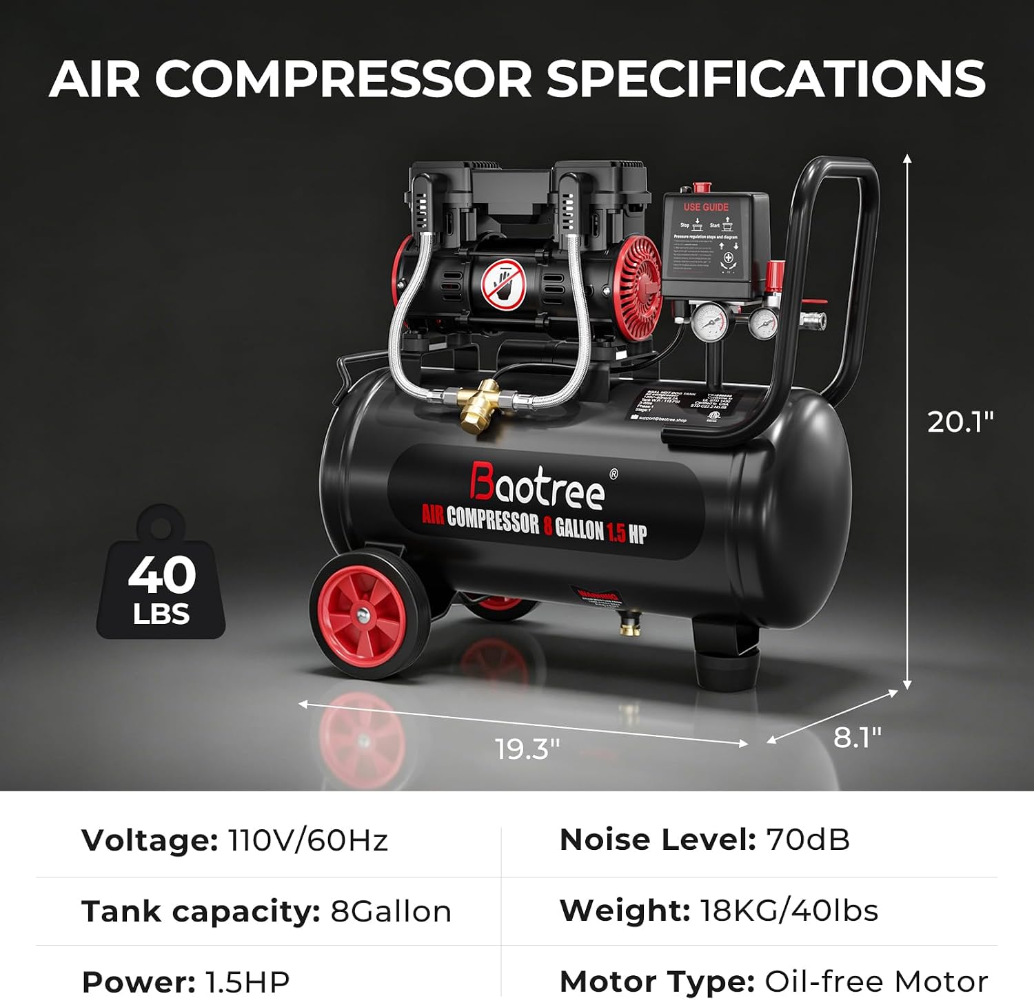 8 Gallon Ultra Quiet Air Compressor with Two Quick Couplers, 1.5HP MAX 115PSI Oil-Free Air Compressor Steel Tanks, 70dB Air Compressor with Wheels for Spray Painting, Auto Repair, Woodwork Nailing