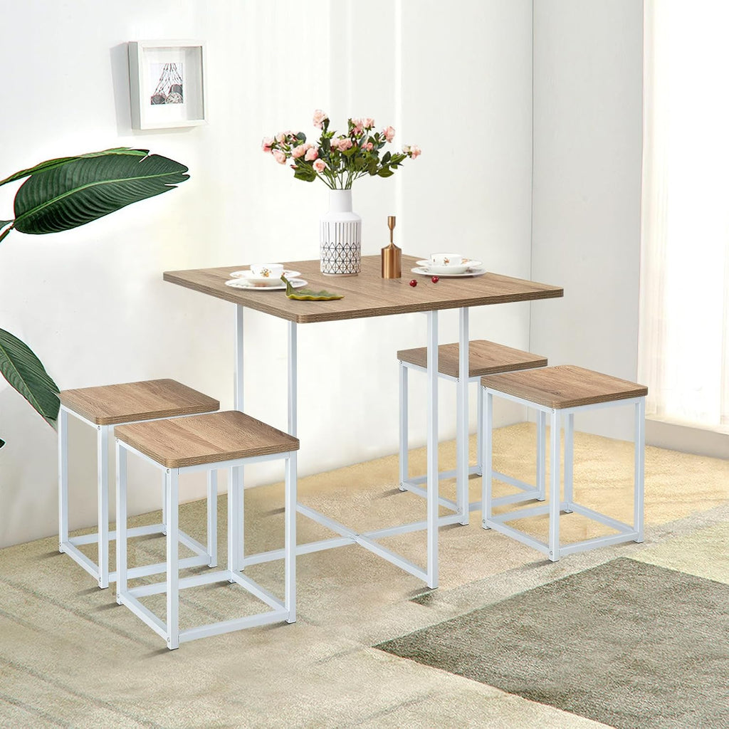 Giantex 5 Piece Dining Table Set, Dining Set for 4 with Square Stools, Small Kitchen Table Set with Metal Frame, Compact Design for Small Space, Home Kitchen Bar Pub Apartment