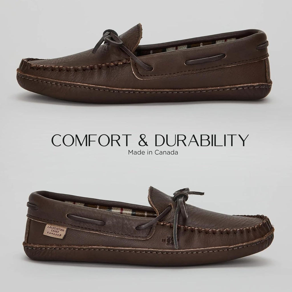Laurentian Chief Leather Moccasins for Men – Stylish Mens Moccasin Slippers with Plaid Insole Lining, Comfortable Indoor Shoes, Single Lacing, Durable Leather Sole, Made in Canada