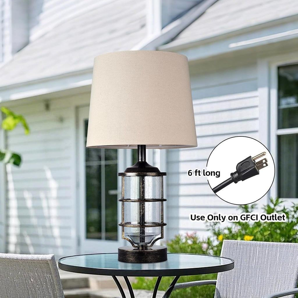 Outdoor Table Lamp, Farmhouse Lamp for Patio Table Decor with Cord, Rustic Table Light with Seeded Glass, 23.5' Plug-in Outdoor Lamps for Patio Waterproof, LED Bulb Included (Antique Copper Color)