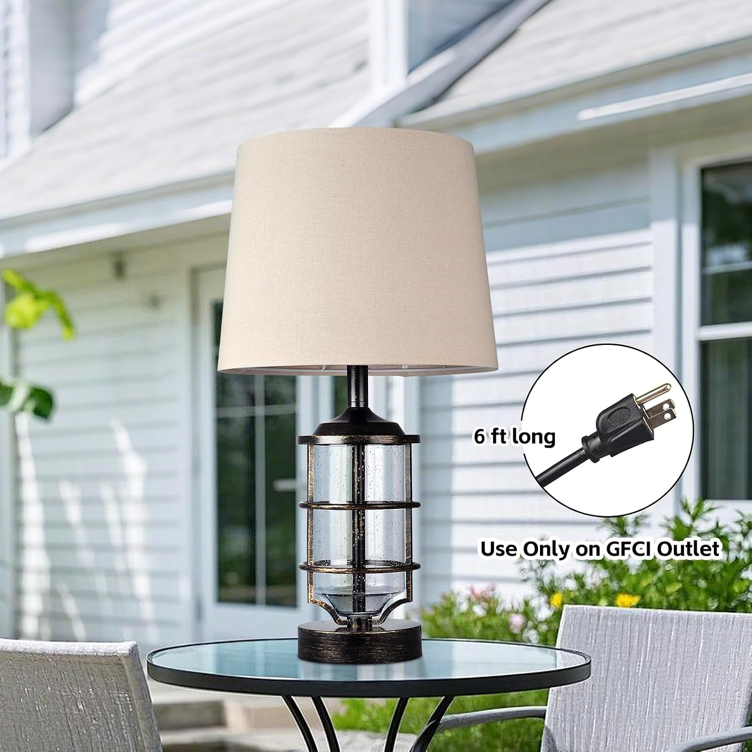 Outdoor Table Lamp, Farmhouse Lamp for Patio Table Decor with Cord, Rustic Table Light with Seeded Glass, 23.5' Plug-in Outdoor Lamps for Patio Waterproof, LED Bulb Included (Antique Copper Color)