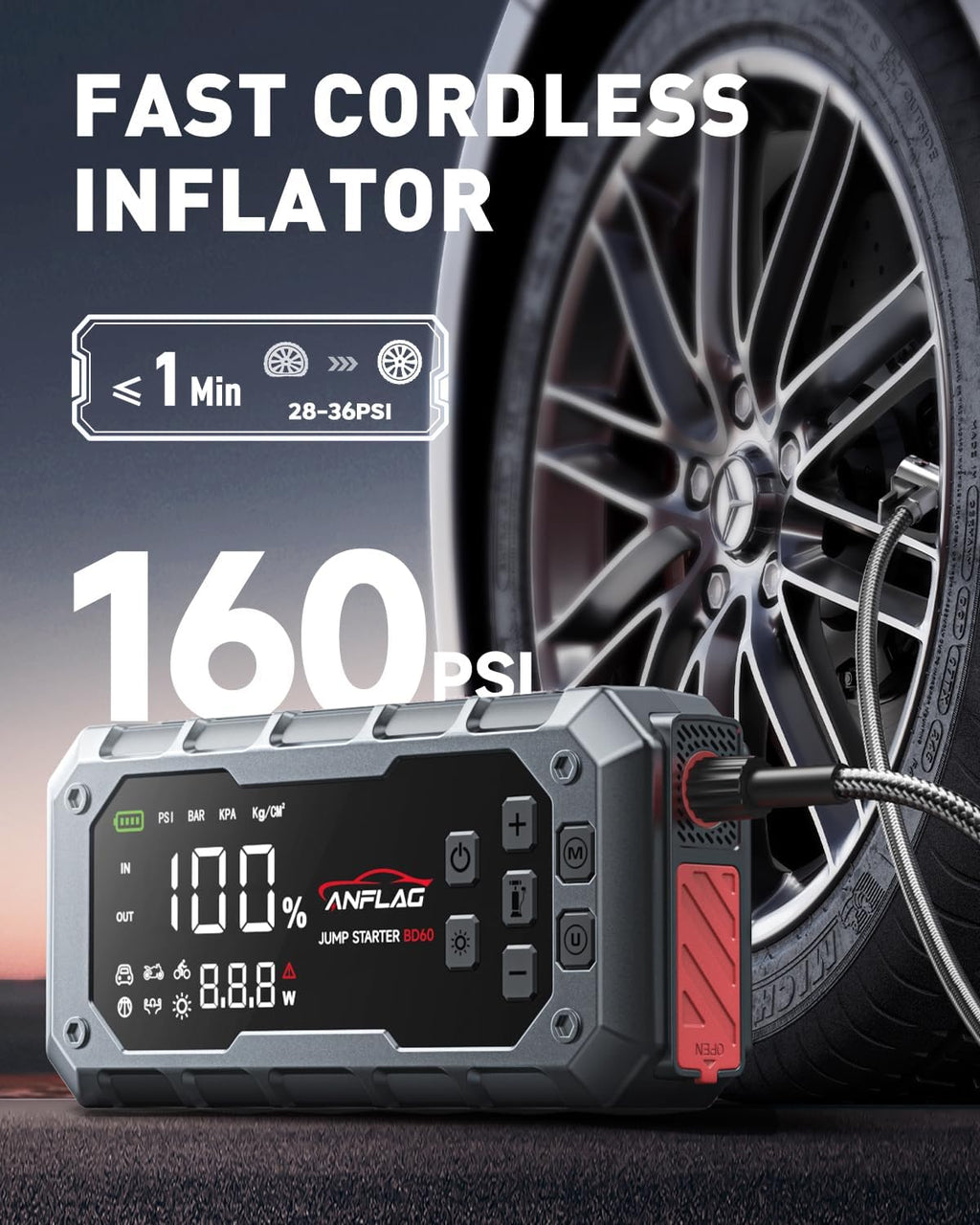 10-in-1 Car Jump Starter with Air Compressor, 8000A 160PSI Jump Starter Jump Box(All Gas/14L Diesel), PD65W Charging Battery Jumper Starter Portable Jumper Cable with 160W DC, Gloves, Lights