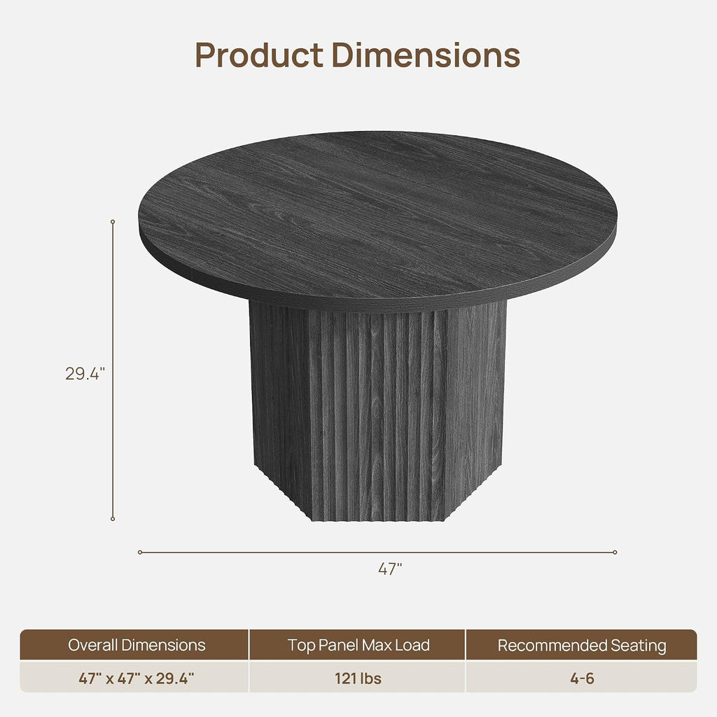 SICOTAS Round Dining Table for 4 6 People 47' Fluted Kitchen Dinner Table Modern Wooden Circle Dining Room Table with Sturdy Base for Dining Room Kitchen Living Room, Dark Grey Alder
