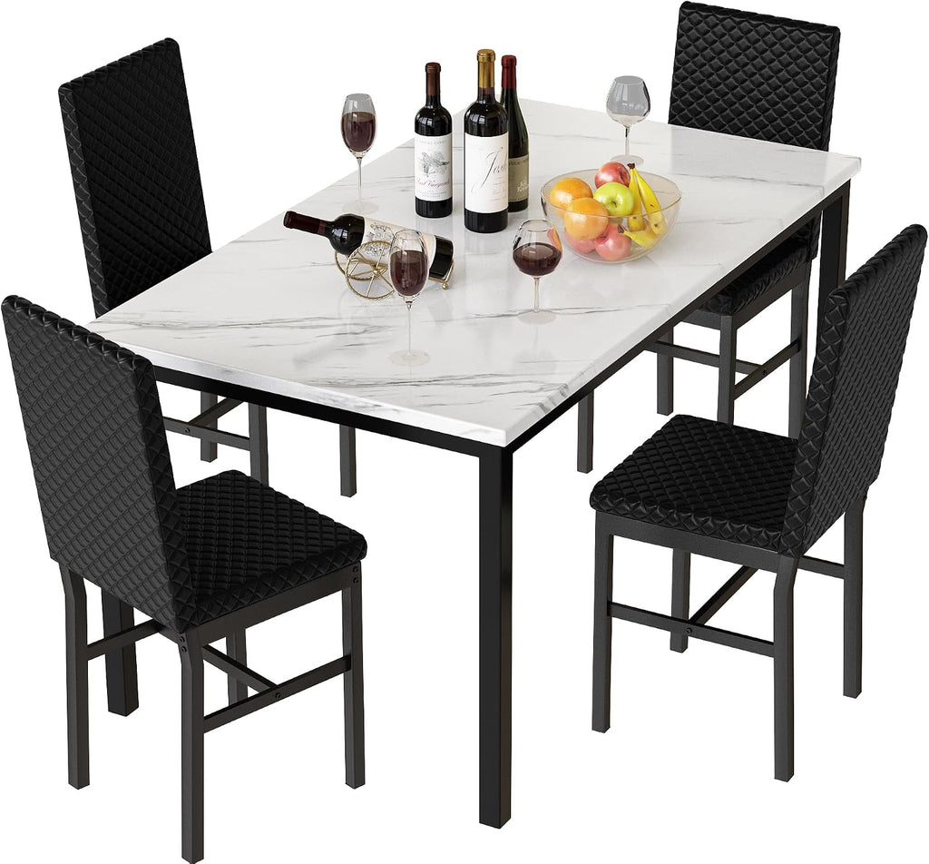 Hooseng Kitchen Table Set 5 Piece Dining Room Table Set Marble Dining Table 4 Chair Dining Table Set for Kitchen Living Room Breakfast Small Spaces (White & Black)