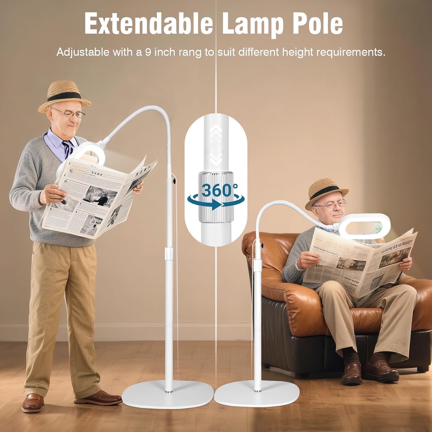 Large Magnifying Glass with Light and Stand, 10X Rectangle Optical Real Glass Lens, Height Adjustable Gooseneck Magnifier Floor Lamp, 5 Color Modes LED Dimmable Lighted Hands Free for Crafts - White