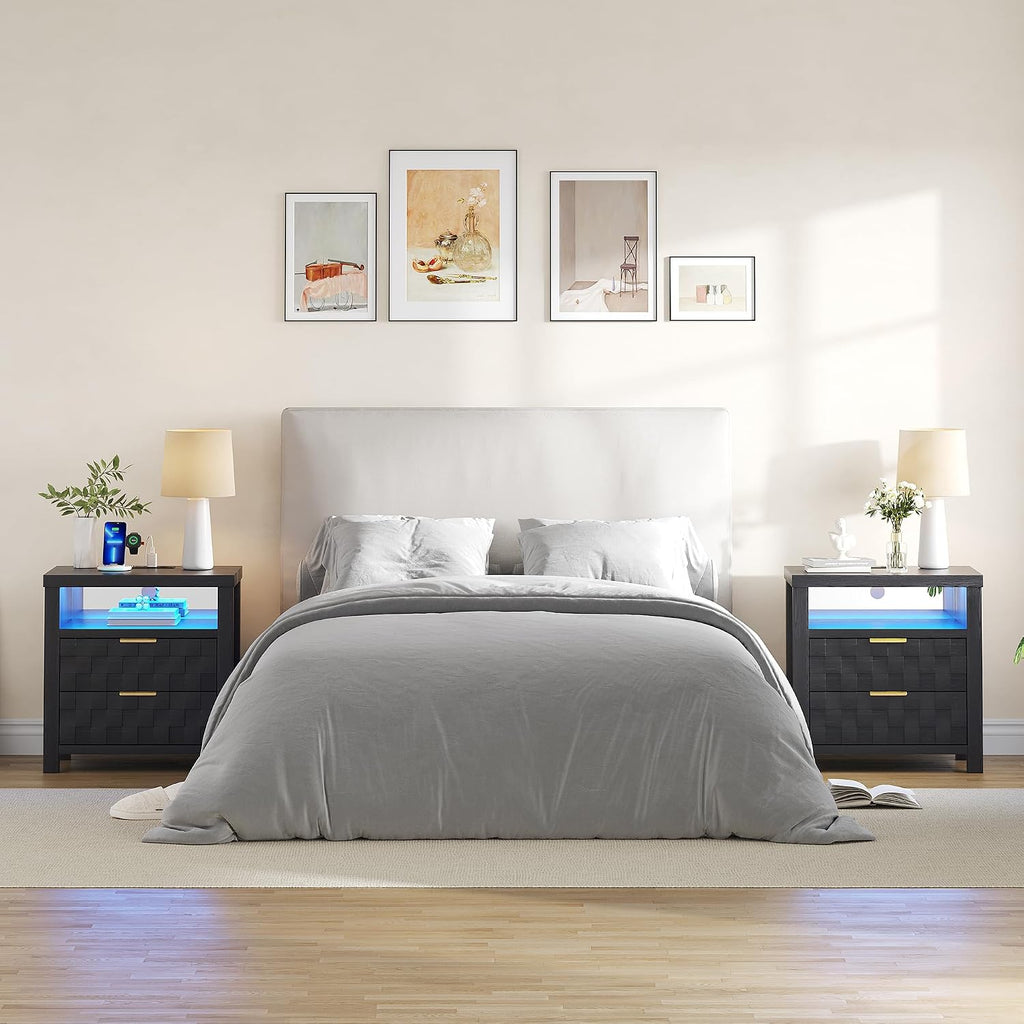 Dystler Nightstand with Charging Station, 25.6' Wide Bedside Table with 2 Drawers, Smart Side Table with 3-Color LED Lights and Adjustable Lighting for Bedroom, Black
