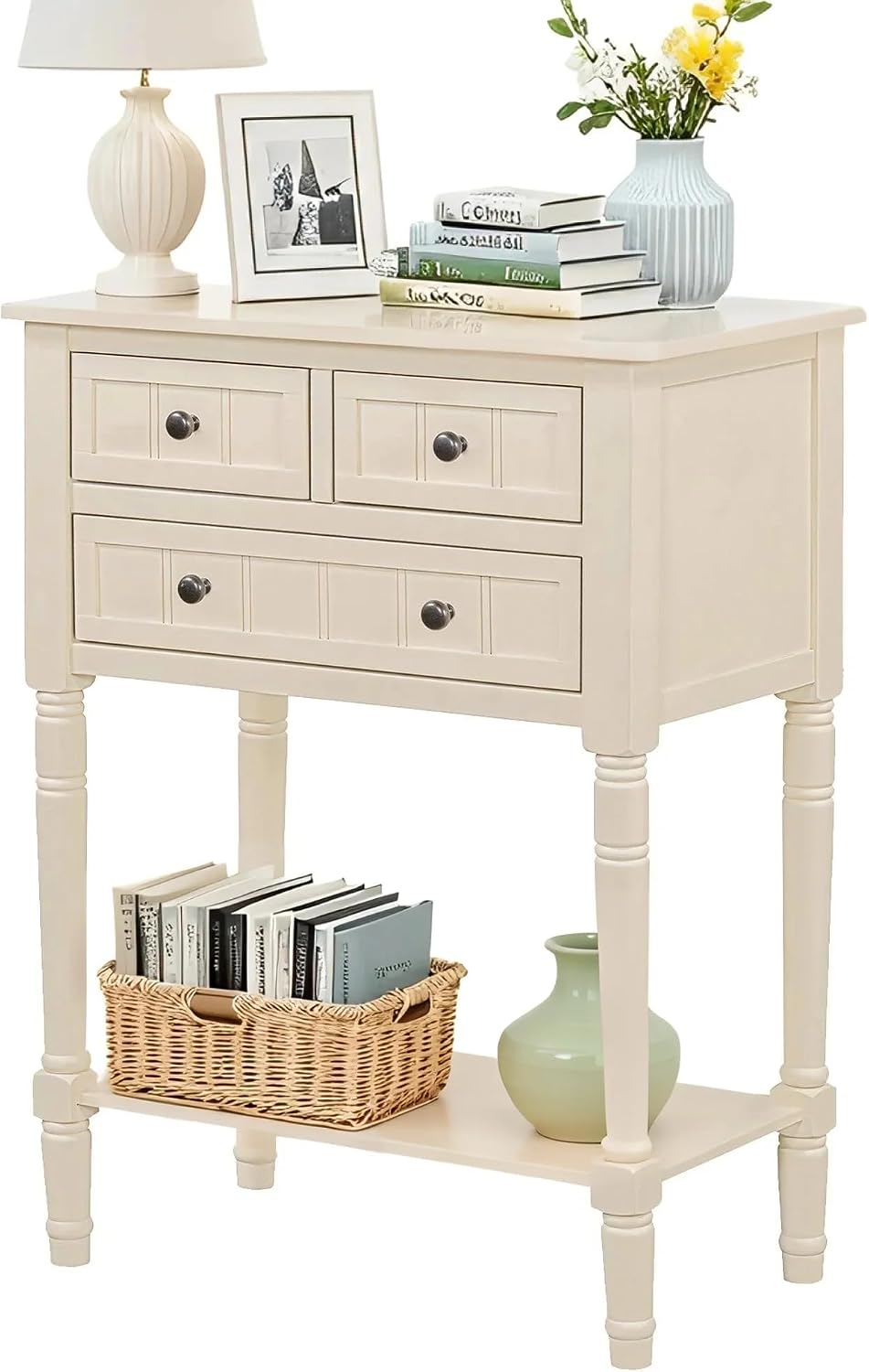 LKTART Small Solid Wood Sofa Table,Console Table with Drawers and Bottom Shelf, Entryway Hallway Foyer Entry Table for Living Room(23.7' Beige)