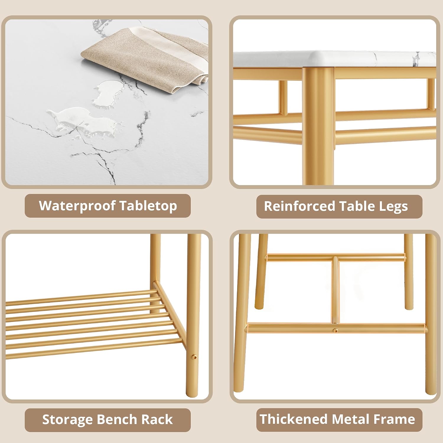 IRONCK Dining Table Set for 4, Kitchen Table with Upholstered Bench and 2 Chairs, Kitchen Table and Chairs Set for Small Space, Apartment, White & Gold