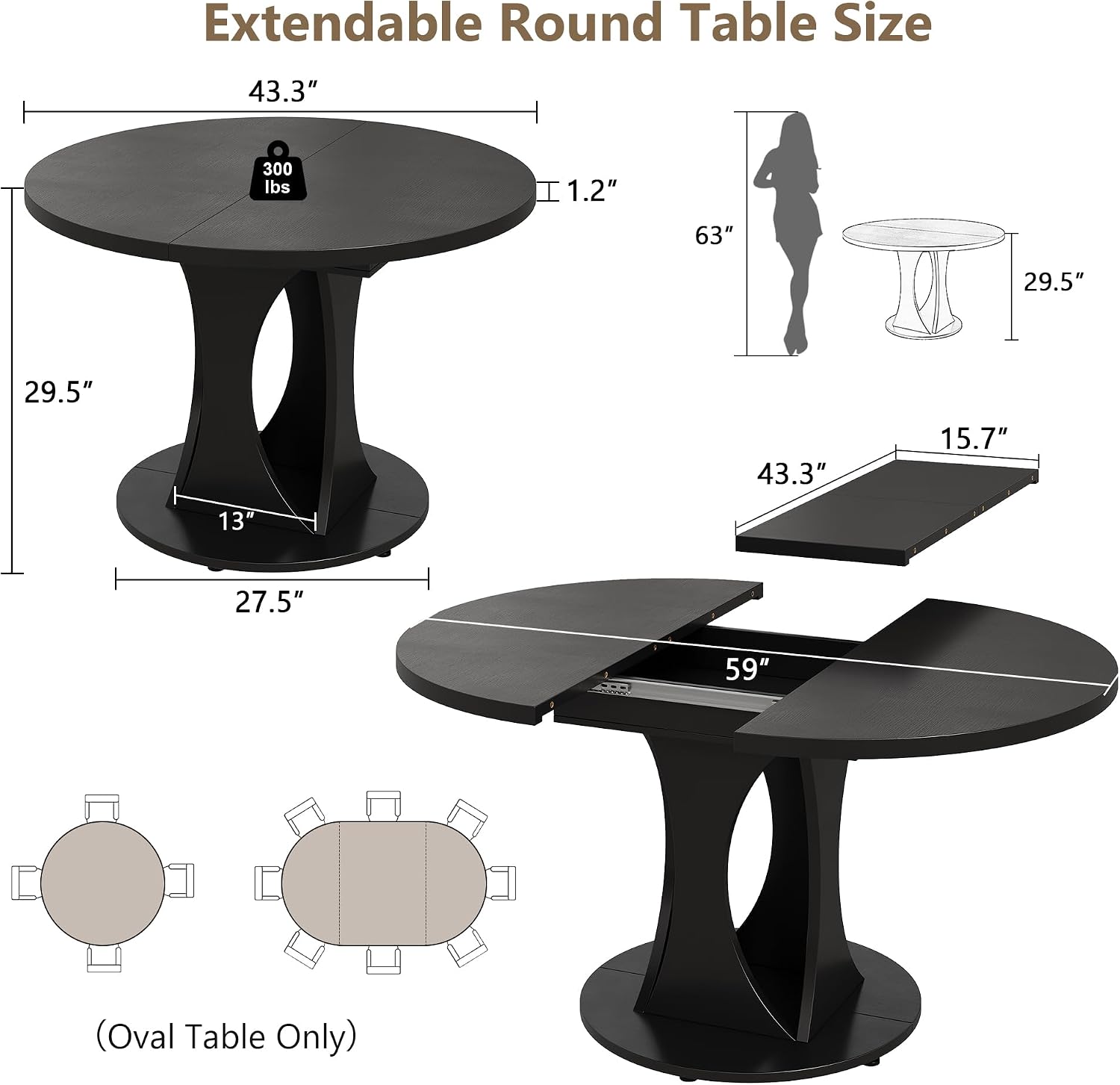 Einhomn 59' Extendable Round Dining Table for 6-8, Kitchen Table with Sturdy Double Arc Base & Backboard Clasp Desktop, Mid-Century Modern Dinner Table, Kitchen Dining Room, Space Saving, Black