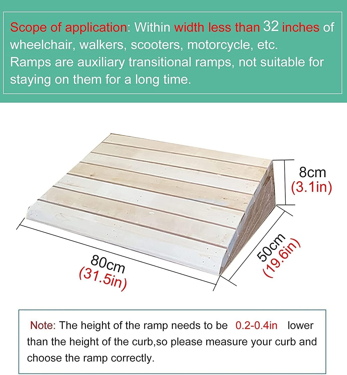 Entry Ramps for Wheelchairs for Home Stairs Garden Deck, Wooden Doorways Threshold Ramps, 10/12/14/15/16/18/20cm High, Scooters Bikes Cars(31.5x19.6x3.1in)