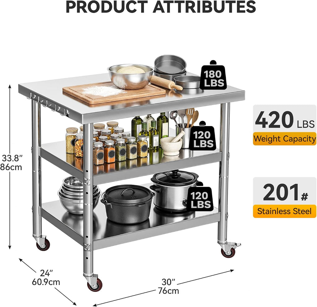 DWVO 30x24in Stainless Steel Table, NSF Metal Prep Worktable with 2 Adjustable Shelves & Wheels for Kitchen Restaurant Hotel Garage Warehouse Home