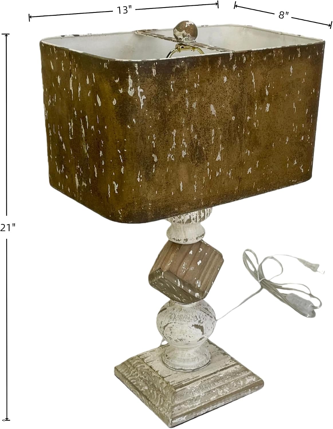 French Country Table Lamp, 21 Inch Rustic Distressed Wood Base with Metal Shade, Vintage Farmhouse Accent Lamp for Bedroom or Living Room