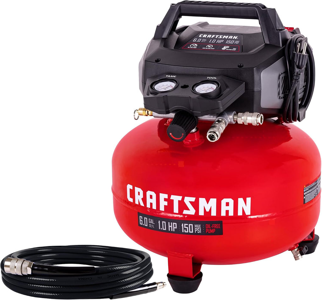 CRAFTSMAN 6 Gallon Portable Pancake Air Compressor, Oil-Free, Max 150 PSI, 1 HP, 2.6 SCFM @ 90 PSI, with 25 ft Air Hose and 2 Quick Couplers, Model CMXECXA0210641C