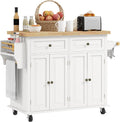 HOMCOM Kitchen Island Cart with Solid Wood Top, 44' Mobile Kitchen Island Table on Wheels with Storage Cabinets, 2 Drawers, Adjustable Shelves, Spice Rack & Towel Bar for Dining Room, Cream White