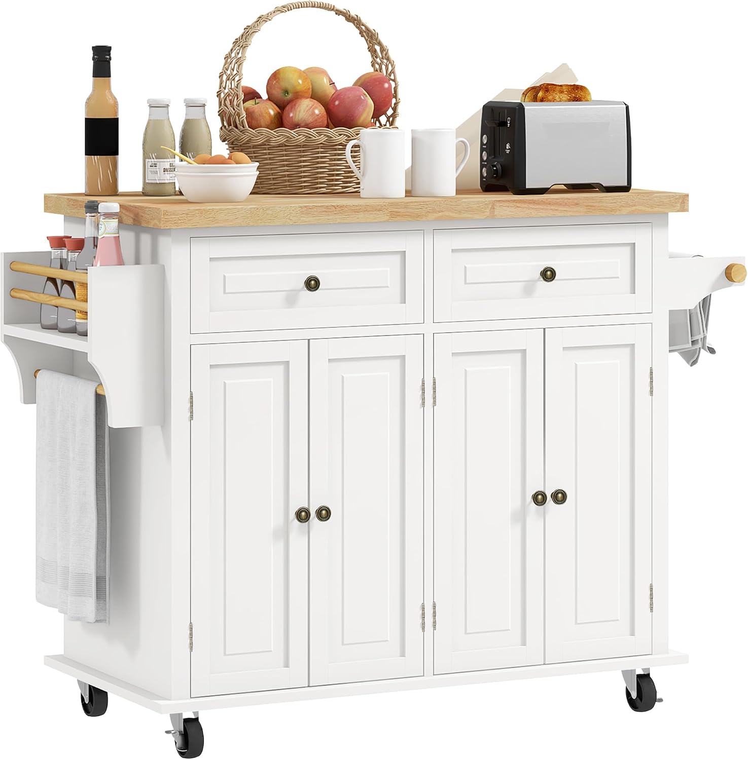 HOMCOM Kitchen Island Cart with Solid Wood Top, 44' Mobile Kitchen Island Table on Wheels with Storage Cabinets, 2 Drawers, Adjustable Shelves, Spice Rack & Towel Bar for Dining Room, Cream White