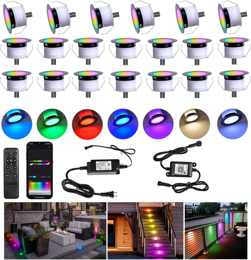 FVTLED Recessed LED Deck Lights Kit, Φ1.77 Low Voltage WiFi Pixel RGBW+IC Deck Lighting Work with Alexa/Google Home, IP67 Waterproof Outdoor Step Lights DC12V for Garden,Steps,Stair(20 Pack, Black)