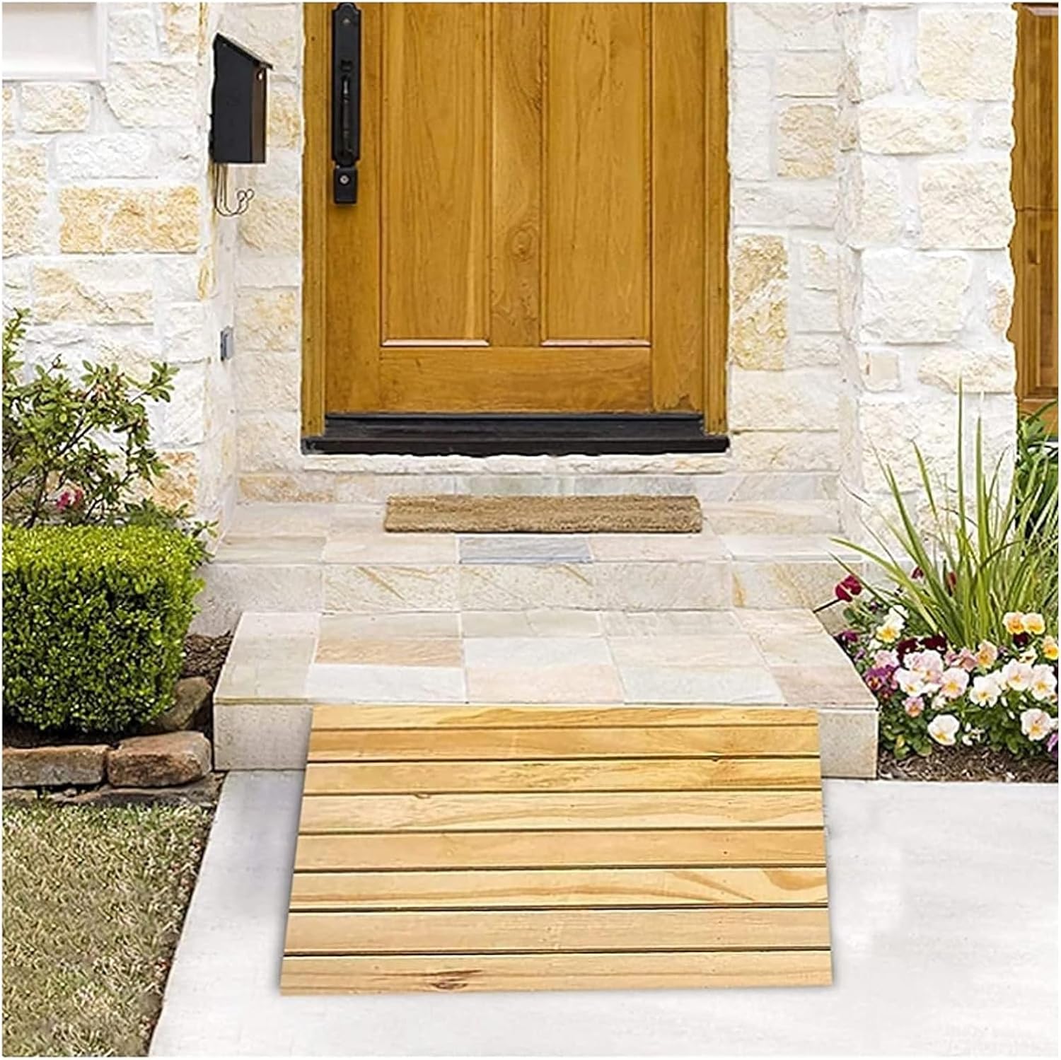 Wooden Threshold Ramps for Doorways, Pets/Kids/Elderly/Disabled Entryway Ramp Rubber Wheelchair Ramp,Non Slip Portable Home Entry Ramps (15.2X13.8X6Inch/38.8X35X15Cm)
