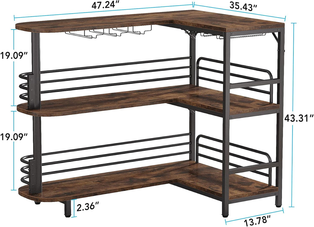 Tribesigns L-Shaped Home Bar Unit, 3 Tier Liquor Table With Storage Shelves and Wine Glasses Holder, Industrial Corner Wine Cabinet Mini Bar for Home Kitchen Pub, Rustic Brown