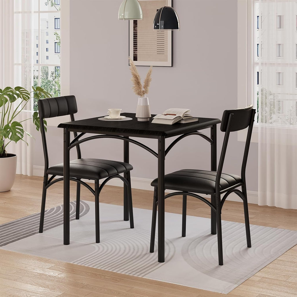 GarveeHome Dining Table Set for 2, Kitchen Table with 2 Upholstered Chairs, Wood Square Dining Table and Chairs Set for Small Space, Apartment, Dinner, Rustic Black