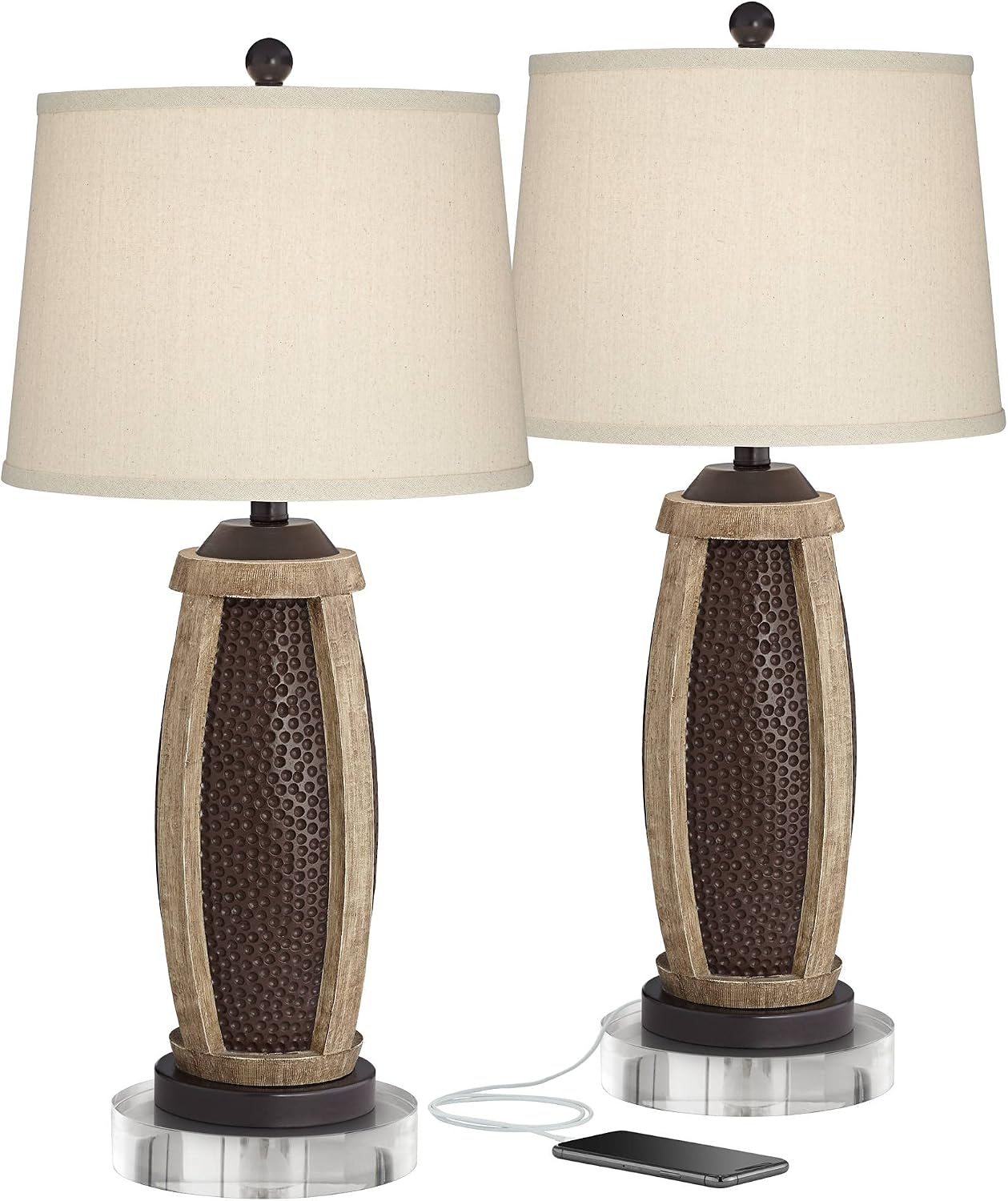 John Timberland Parker Industrial Rustic Table Lamps 30' Tall Set of 2 with Round Risers USB Charging Port Hammered Bronze Wood Oatmeal Drum Shade for Living Room Bedroom House Bedside Home