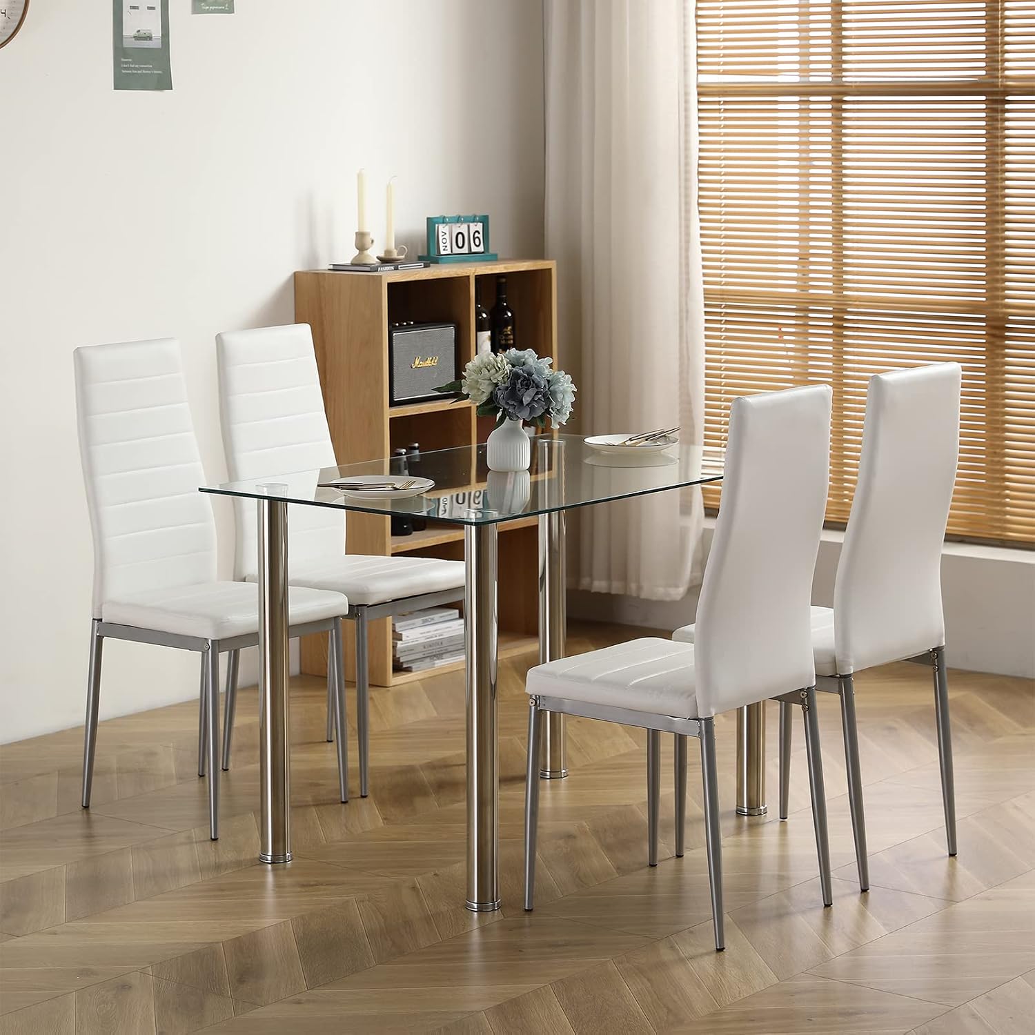 Karl home 5-Piece Dining Table Set with 1 Glass Dining Table and 4 Leather Chairs, Modern Silver Dining Table Set for Kitchen & Breakfast Dining Living Room, Space Saving