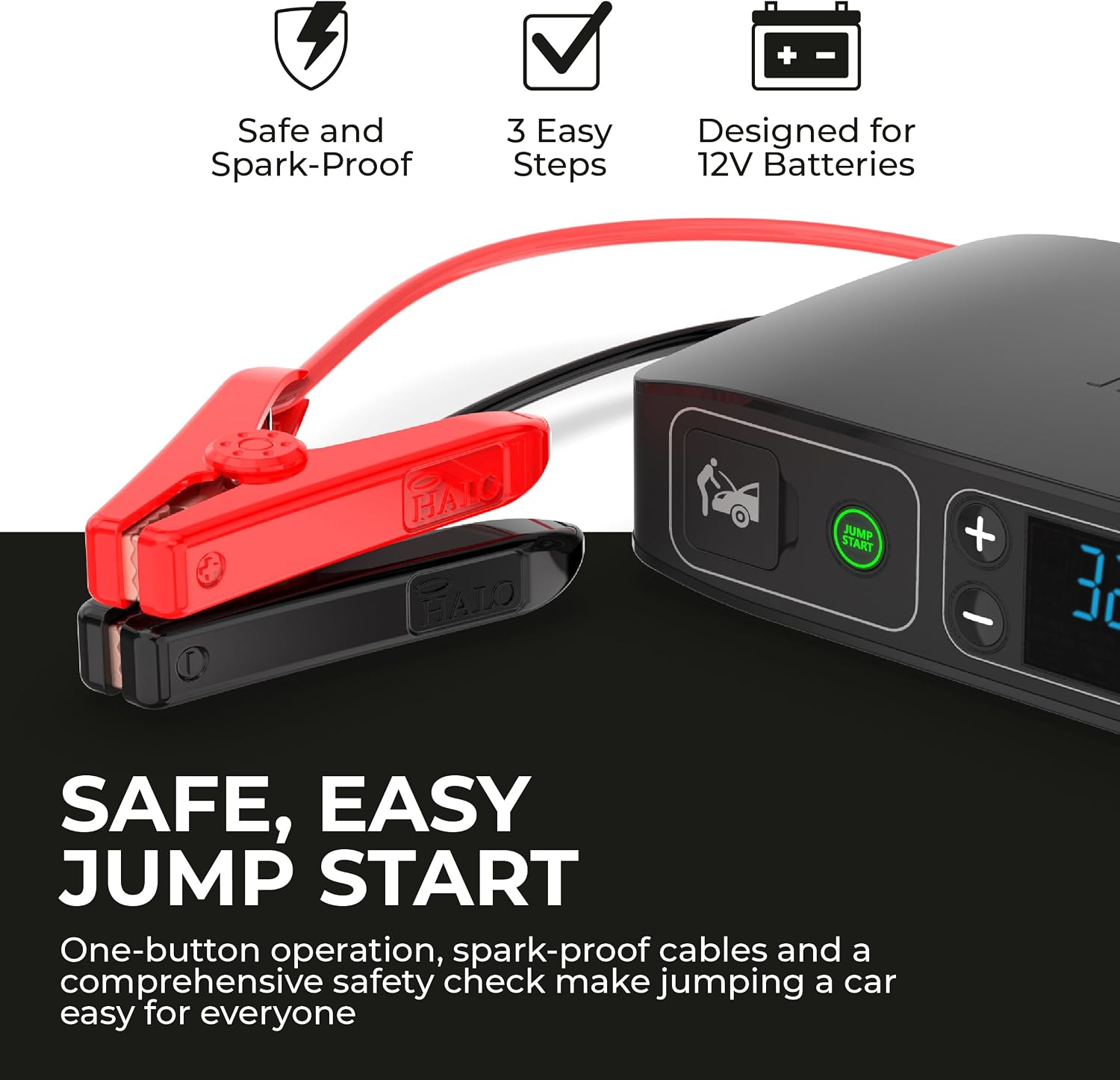 HALO Bolt Air+ AC 55500 Portable Car Battery Jump Starter | 100 PSI Air Compressor, 55.5Wh USB Power Bank with AC Outlet, Emergency Floodlight & Charger, Jump Cars SUVs & Trucks, Inflate Tires — Black