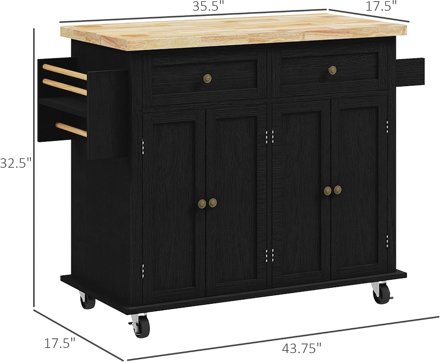 HOMCOM Kitchen Island Cart with Solid Wood Top, 44' Mobile Kitchen Island Table on Wheels with Storage Cabinets, 2 Drawers, Adjustable Shelves, Spice Rack & Towel Bar for Dining Room, Distressed Black