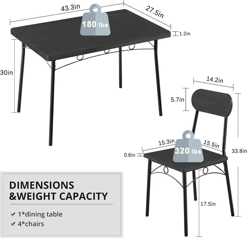 VECELO Dining Table Set for 4, 5 Piece Dinette with Chairs for Kitchen, Breakfast Nook and Small Space, Black