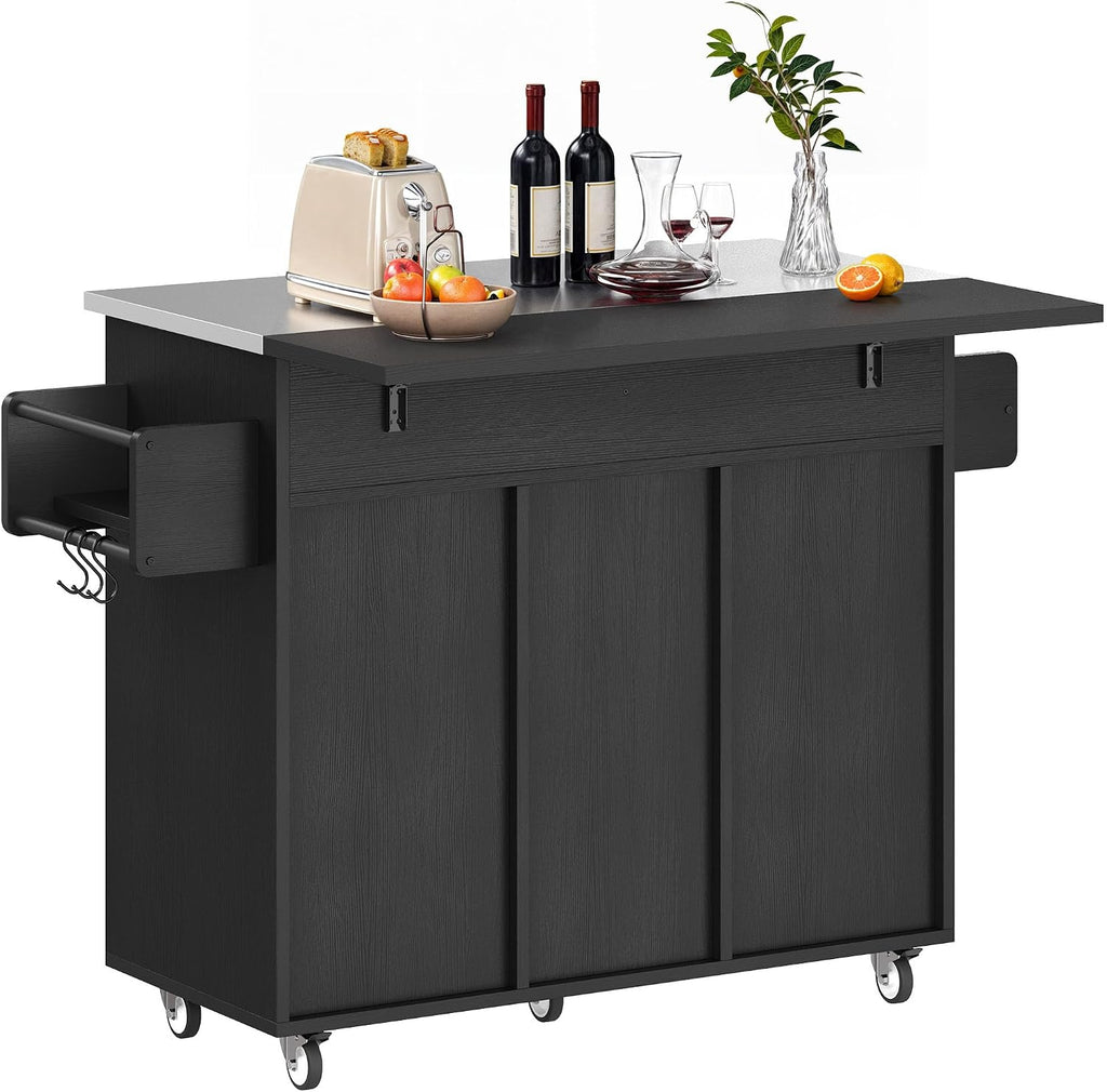 DWVO Kitchen Island on Wheels, Mobile Kitchen Island Cart with Folding Drop Leaf Breakfast Bar, Island Table for Kitchen with Large Storage Cabinets, Racks, Drawers and Adjustable Shelves, Black