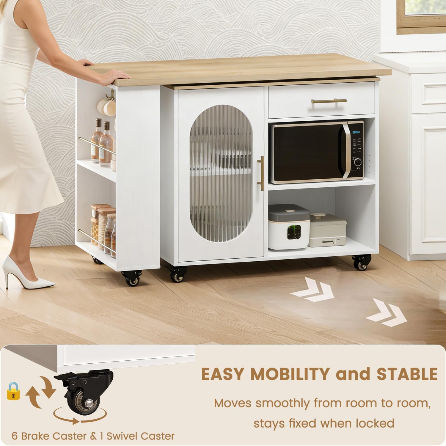 HSH Kitchen Island with 360° Swivel Table & Power Outlet, Rolling Kitchen Island Cart with Storage & Seating, Mobile Wood Kitchen Island Table with Cabinet, Drawers & Shelves on Wheels, Light Oak