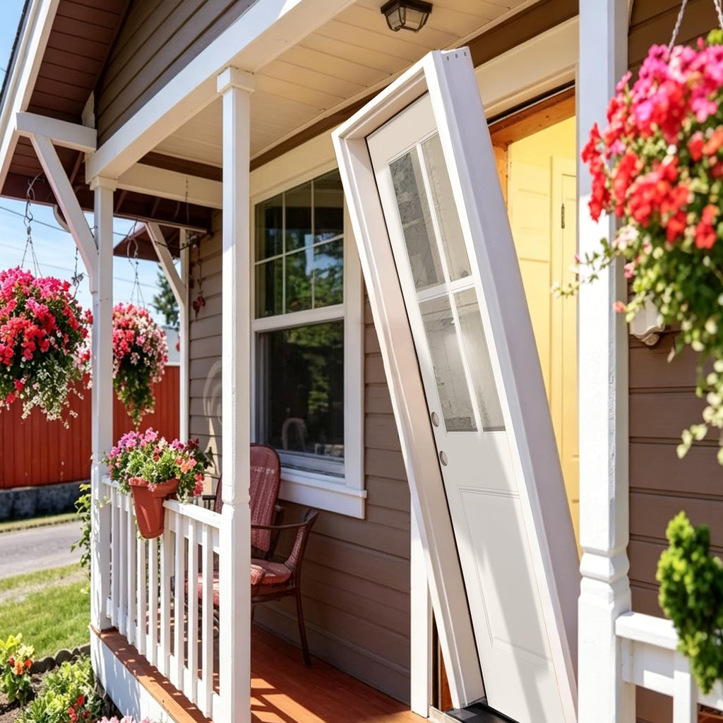 Fiberglass Prehung Door Unit, 36'x80' 4 Lite White, Right Hand Inswing | Sturdy, LVL Stiles, Soundproof, Thermal Insulated, Weather Resistant, Energy Efficient, Clear Glass