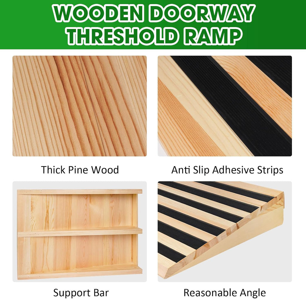 7' Rise Wooden Threshold Ramp for Home Steps, Door Ramp for Wheelchair/Walker/Cart/Scooter, Multipurpose Door Ramp with Non-Slip Stripes(35.4' W*7.0' H, Solid Wood, 800LBs Capacity)