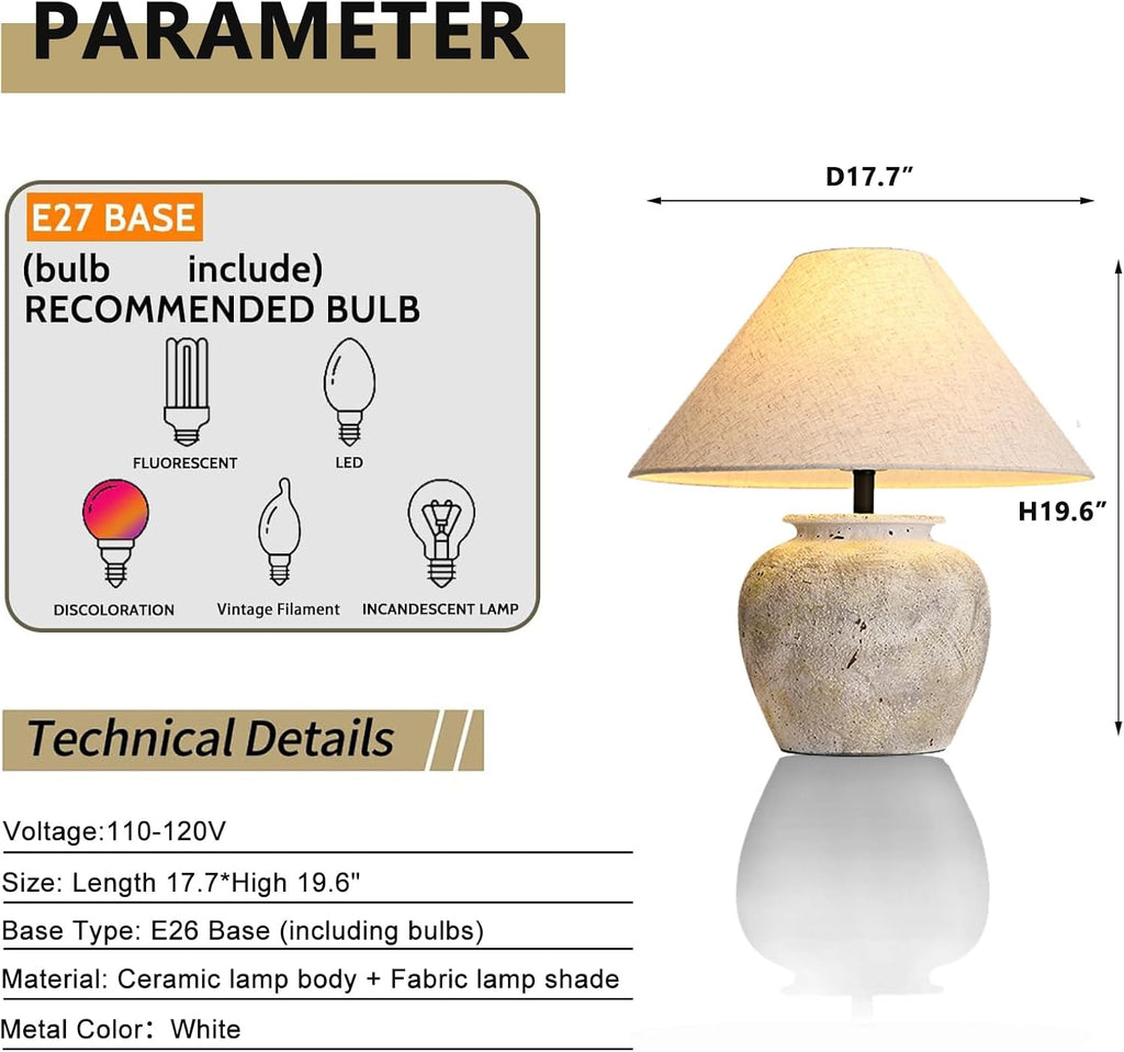 Farmhouse Table Lamp White Ceramic Lamps Rustic Clay Pot with Fabric Shade Decor for Living Room Bedroom House Bedside Nightstand Home Office