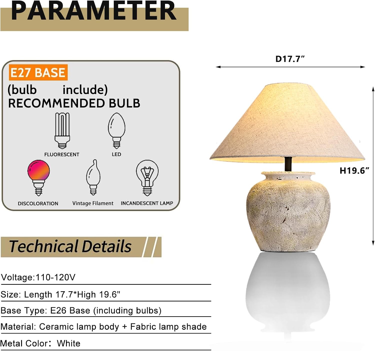 Farmhouse Table Lamp White Ceramic Lamps Rustic Clay Pot with Fabric Shade Decor for Living Room Bedroom House Bedside Nightstand Home Office