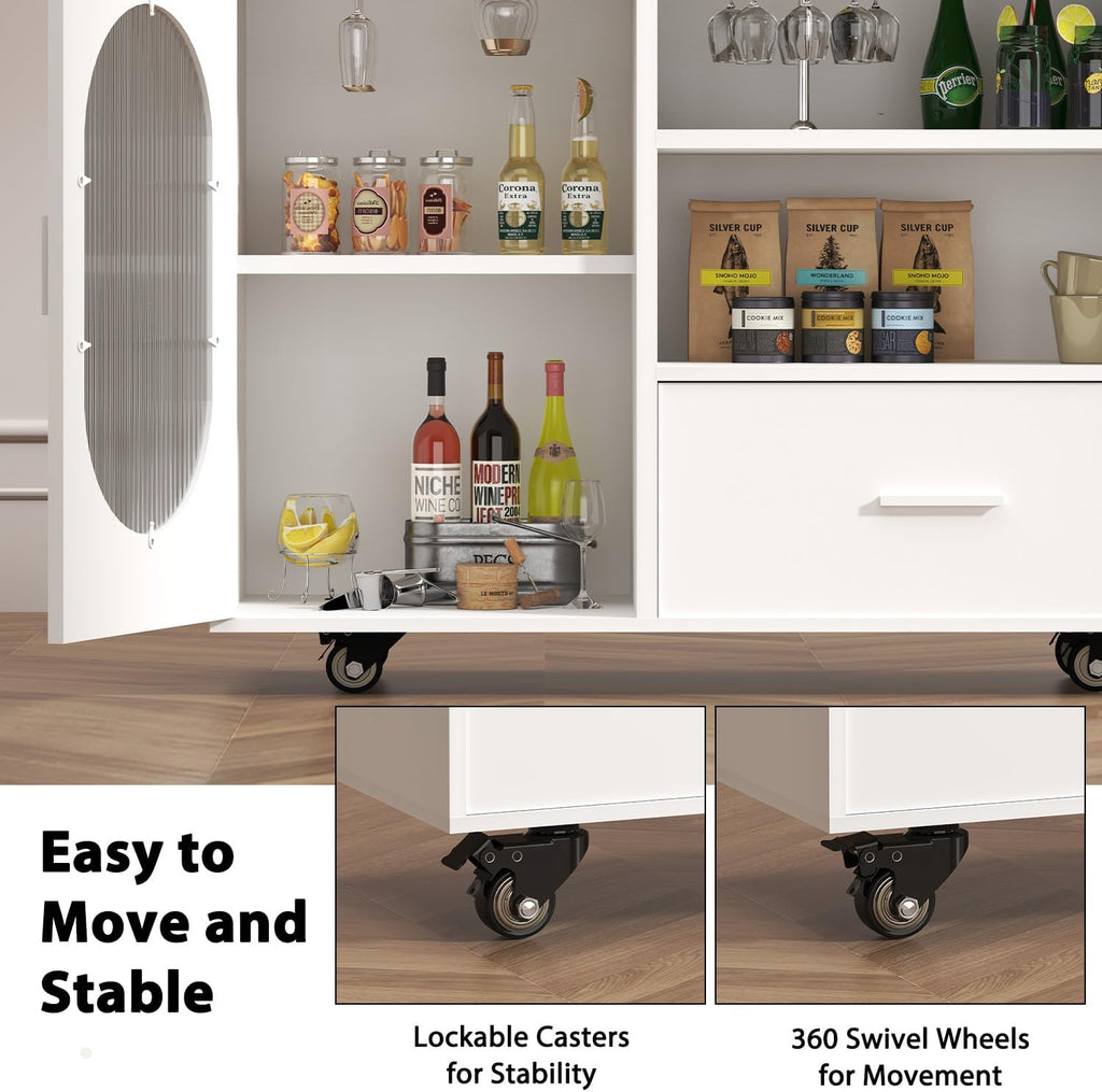HSH 72.4' Rolling Kitchen Island with Swivel Table, Storage Cabinet, Drawers & Shelves, White Modern Mobile Island Cart on Wheels, Farmhouse Wood Island Table for Kitchen, Dining Room, Home Bar