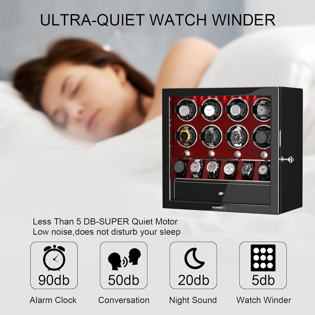 DUKWIN Watch Winder for 4/6/8 Automatic Watches, Lockable Winders with Watch Holders and Jewelry Storage, Super Quiet Motor with High-Gloss Finish, Built-in Illumination