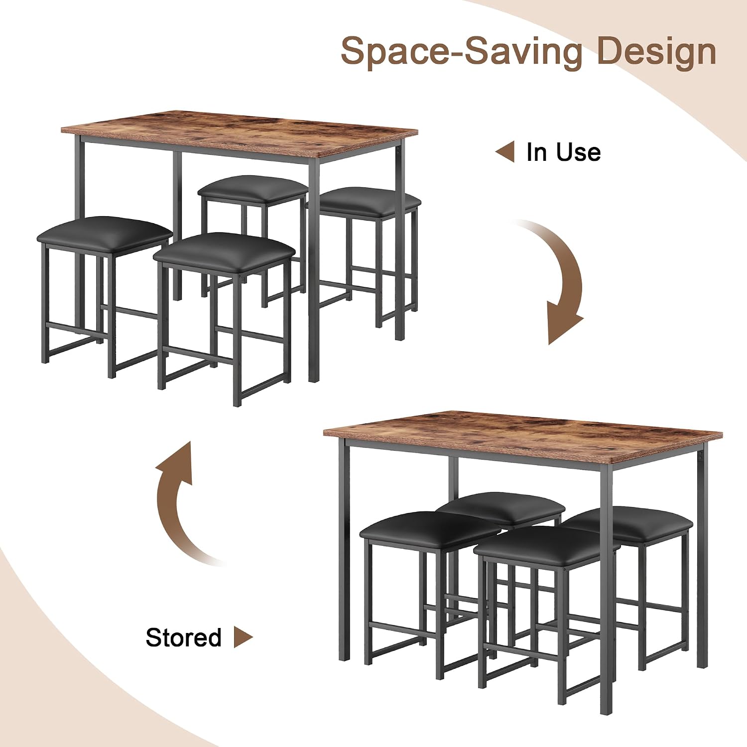 VECELO Kitchen Table and Chairs for 4, Dining Room Set with PU Chairs/Stools, Heavy-Duty Metal Frame, Wooden Tabletop, Space-Saving Design for Small Spaces, Easy Assembly, Walnut Brown