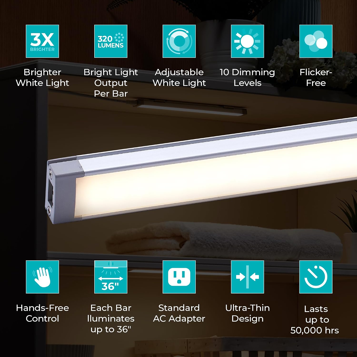 PureOptics LED Works with Alexa Smart Under Cabinet Lighting Kit, Adjustable LEDs, (6) 9' Bars, White