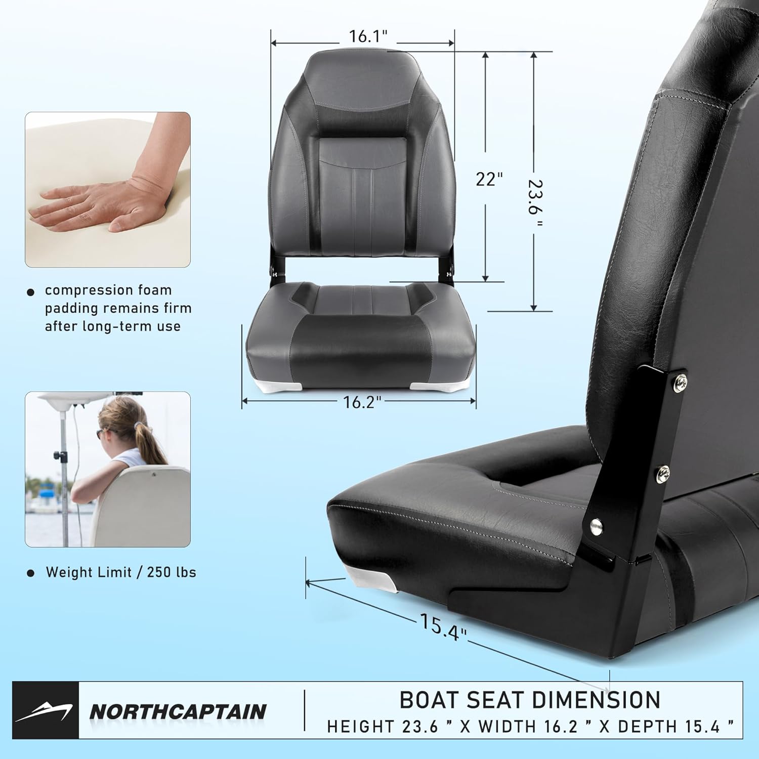 NORTHCAPTAIN S1 Deluxe A Pair of Marine High Back/Low Back Folding Fishing Boat Seat for Fishing, Bass/Jon/Pontoon Boat Chairs, 4 Mounting Screws Included