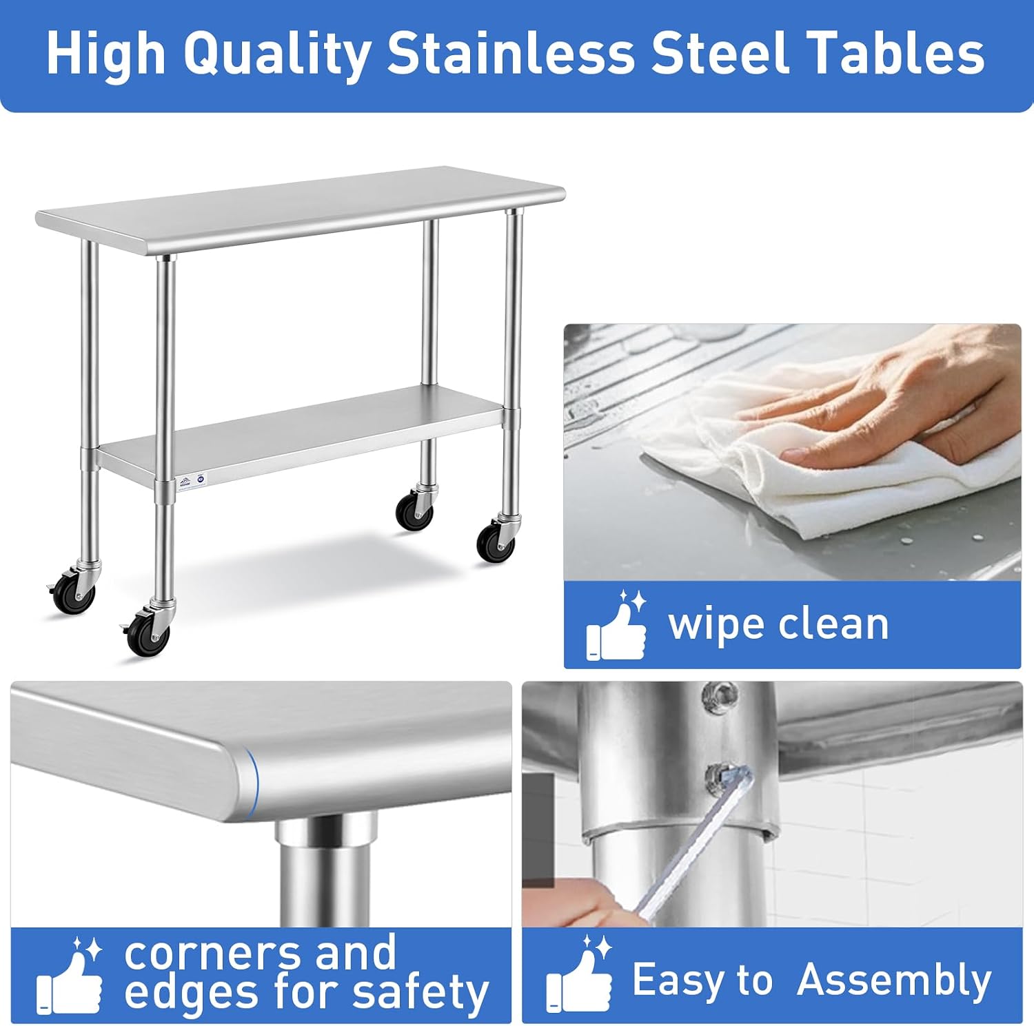 ROCKPOINT Stainless Steel Table for Prep & Work with Caster Wheels 14x72 Inches, NSF Metal Commercial Kitchen Heavy Duty Table with Adjustable Under Shelf and Table Foot for Restaurant, Home and Hotel