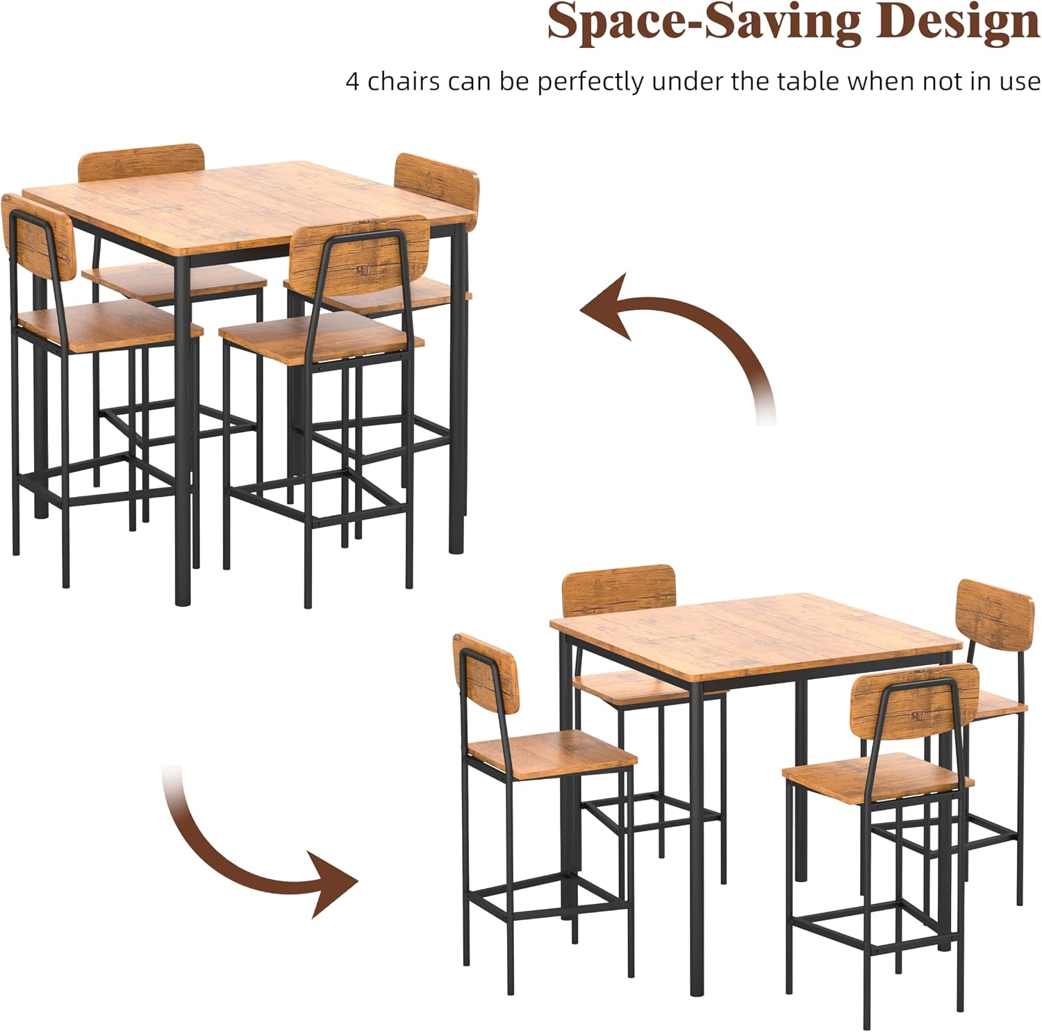 Kitchen Table and Chairs of 4, 5 Piece Dining Table Set, Sturdy Industrial Space Saving Dinette Set for Pub, Family Dinners, Apartment, Brown