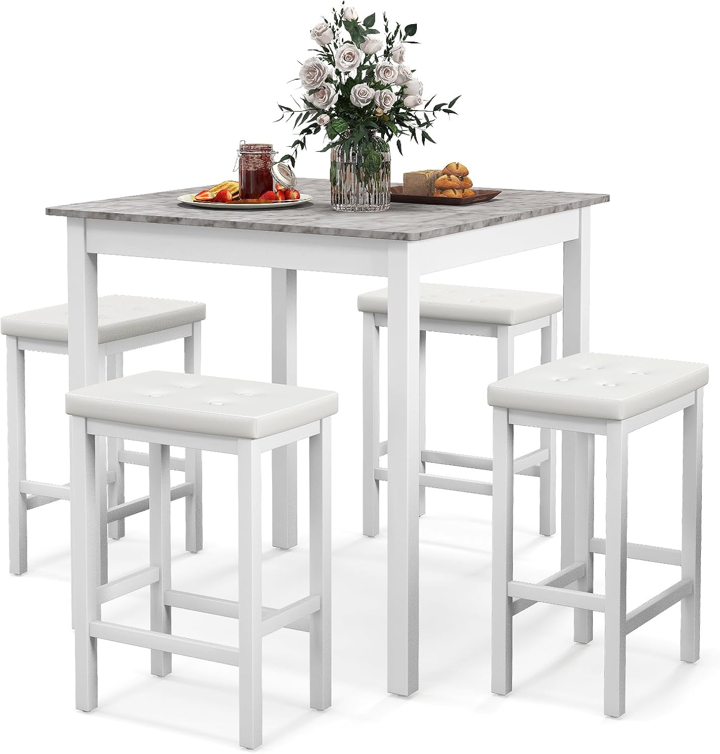 Giantex Dining Table Set for 4, Counter Height Dining Set with 4 Bar Stools, Space-Saving Kitchen Table Chairs Set for Small Place, Dinette, Breakfast Nook (White)