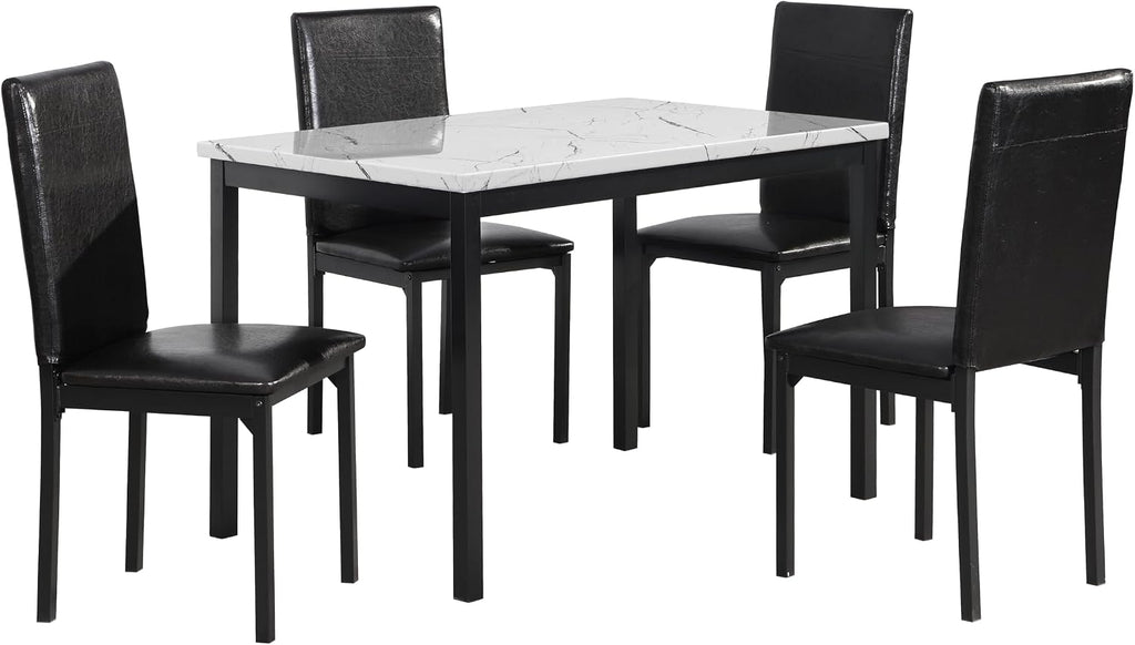 Roundhill Furniture 5 Piece Citico Metal Dinette Set with Laminated Faux Marble Top, White Table with Black Chairs
