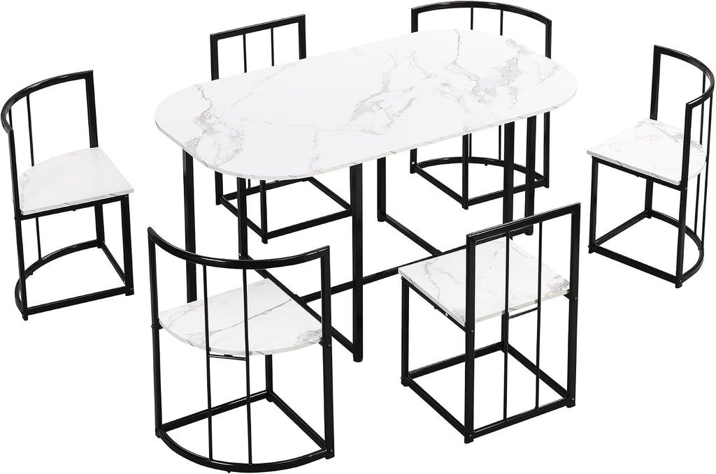 7 Piece Dining Table Set, Metal Kitchen Dining Table Set with Chairs for 6 Persons for Small Space, Black White