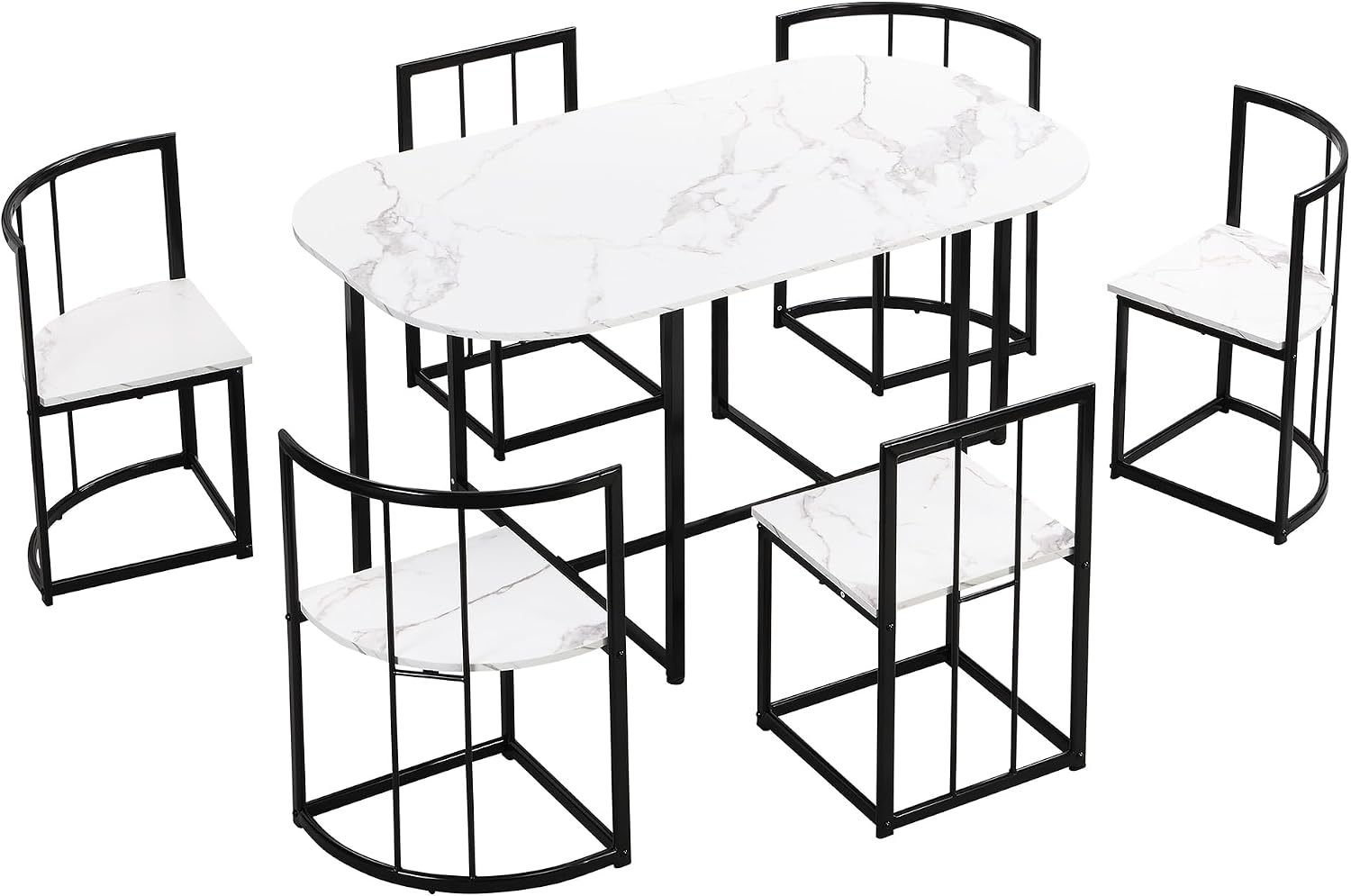 7 Piece Dining Table Set, Metal Kitchen Dining Table Set with Chairs for 6 Persons for Small Space, Black White