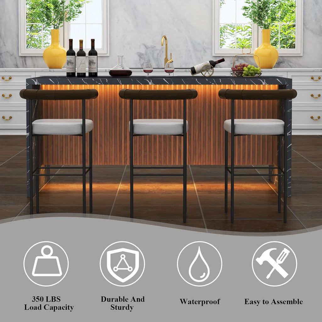 71' Large Imitation Marble Dining Table for 4-6 People, Island Table with LED Lights, Mordern Marble Stripes Kitchen Dining Table with Grille design for Dining Room, Home, Living Room (black)